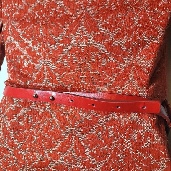 Dulce Carola Red & Gold Sparkly Lace Asymmetrical Cropped Sleeve Mini Dress - Picture 6 of 9